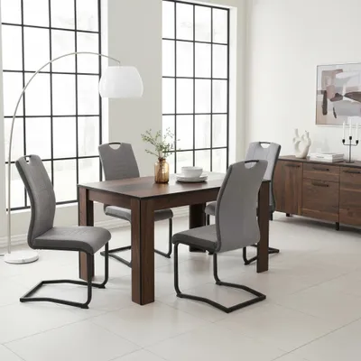 Produktbild von 5tlg. ESSGRUPPE Rems, 1 Tisch Holzoptik+Schwarz/Weiß - Winkelfuß - Maß 140x80cm + 4 Schwinger Stühle Hellgrau - Lehne mit Griff - 120kg belastbar