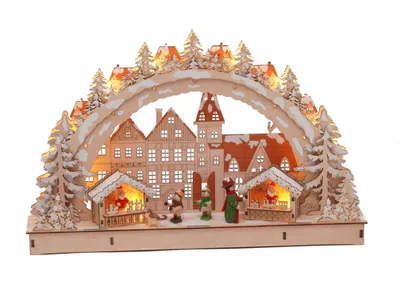 Produktbild von LED drevený oblúk na sviečky "Vianočný trh" - 45 x 28 cm - Svetelný oblúk Vianočný adventný zimný stôl a okno Deco