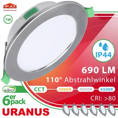 Produktbild von 6 x LED Einbaustrahler URANUS 7W – Eisen gebürstet, CCT (warmweiß, neutralweiß, kaltweiß), Bad