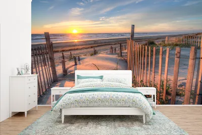 Produktbild von MuchoWow® Fototapete für Wohnzimmer oder Schlafzimmer Wandtapete Vinyl Motivtapete Strand - Meer - Düne - Sonnenuntergang - Landschaft - 400x240 cm - Gemustert