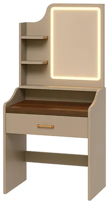 Produktbild von Aphrodite - Schminktisch mit LED-Licht, Schublade, 3 Ablagen und Steckdosen, Makeup-Station aus taupefarbenem Holz
