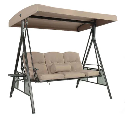 Produktbild von HOME DELUXE - Hollywoodschaukel DESCANSO Beige mit Abdeckung - 3-Sitzer, B/H/L 115cm x 195cm x 198cm, inkl. Getränkehalter, Sitz- und Rückenkissen I Gartenliege Gartenlounge Schaukelliege