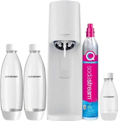A white SodaStream Terra Valuepack is displayed with two reusable bottles and a CO2 cylinder against a white background.