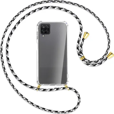 Produktbild von Handykette Backcover-Schutzhülle mit Band (Metall goldfarben) für Samsung Galaxy A12 - schwarz/grau/weiß