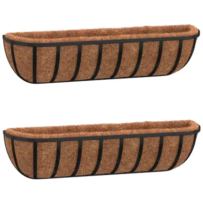 Zdjęcie produktu dla vidaXL Kosze ścienne na rośliny 2 szt. Wkład kokosowy czarny 61x19x16 cm stal