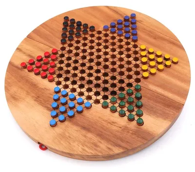 Großes,rundes Halmaspiel aus Holz mit farbigen Steckern in Startaufstellung