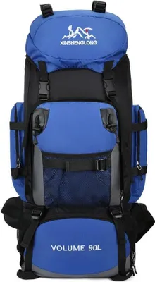 Produktbild von Blauer Rucksack 90L, wasserabweisend, mit ergonomischen Schultergurten für Camping und Reisen