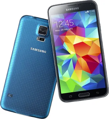 A blue Samsung Galaxy S5 smartphone is shown from the front and back.