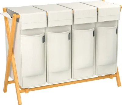 Zdjęcie produktu dla AdelDream kosz na pranie z 4 przegrodami, 200 l bambusowy | kosz na brudną bieliznę | system sortowania bielizny | sortownik bielizny z drewna | pudełko na bieliznę | kosze na bieliznę | kosz na bieliznę z pokrywą | bambusowe półki w kształcie litery X