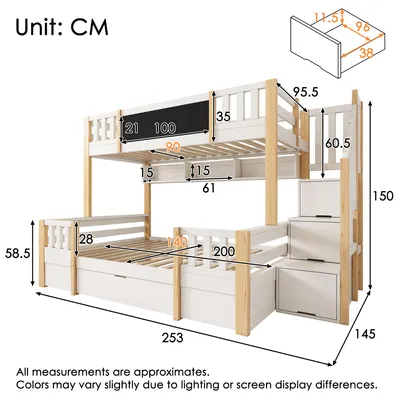 Image de Lit superposé pour 3 enfants 90/140 x 200 cm en bois massif avec tableau noir, escalier de rangement, tiroirs et armoire échelle, blanc naturel