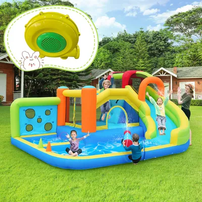 Produktbild von Aufblasbare Hüpfburg mit 450W Gebläse, Ganzjähriger Spielspaß, Multifunktionaler Wasserpark & Trampolinpark, Wasserrutsche, Wurfwand, Basketballkorb, Kletterwand für Kinder