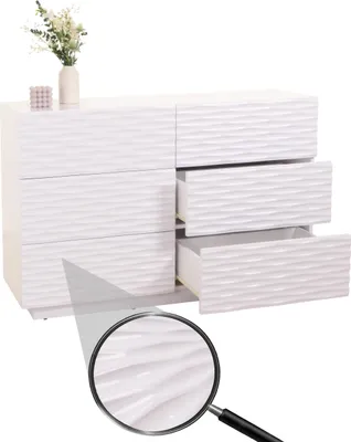 Produktbild von Komoda z szufladami HWC-M52, szafka kredensowa, wzór 3D szuflady otwierane na wcisk, 81x120x42cm biały wysoki połysk