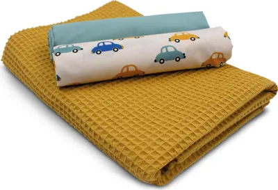 Produktbild von Autos bunt Set27 Waffelstoff Set  1x Waffelstoff + 2x  Baumwollstoff Druck und Uni  je 0,5m x 1,5m Stoffpaket DIY Projekt