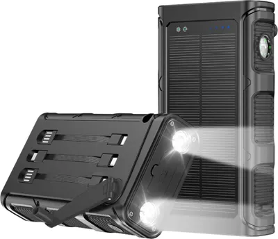 Produktbild von Linomag® Solar-Powerbank, 30000 mAh, inklusive Lightning-Kabel, USB-Typ-C-Kabel und Micro-USB-Kabel, integrierter Kompass und Taschenlampe, manuelle Kurbel zum Laden, Schnellladefunktion, wasserdicht, Carbonschwarz, 17 x 9 cm