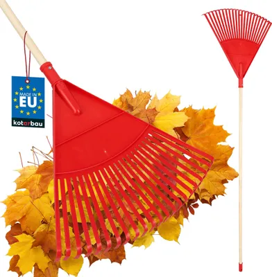 Zdjęcie produktu dla KOTARBAU® Grabie Wachlarzowe 49 CM Grabie do Liści Trawy Siana Extra-Click Plastikowe Trzon Drewniany 1,5 M