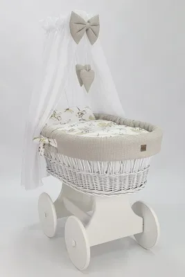 Produktbild von Stubenwagen mit Rollen Himmel auf großen Rädern Weiß mit Bettset in Beige
