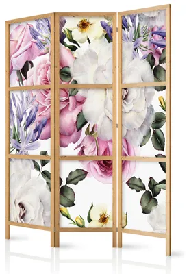 Immagine prodotto di Pannello divisorio giapponese, 3 ante, pieghevole, realizzato in tessuto non tessuto di alta qualità, motivo acquerello con fiori, ideale per il soggiorno, dimensioni 135x172 cm