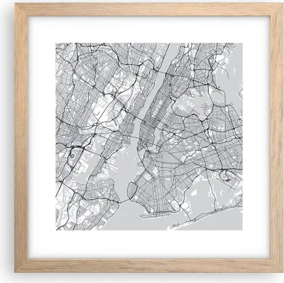 Produktbild von Gerahmtes Poster - Rahmen in heller Eiche - Neu York Karte - 30x30 cm - Wand Bild - Wanddeko - Wandbilder - Kunstposter - Wandposter - Bilderrahmen - Bilder - Kunstdruck - P2NAC30x30-5039