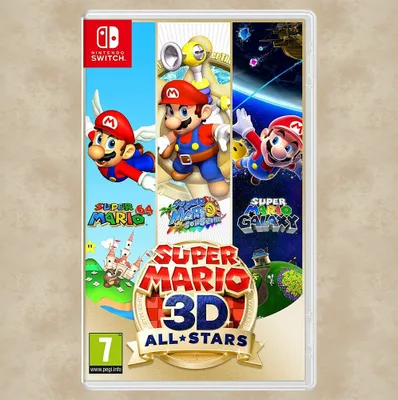 The image is a collage of game art for Super Mario 3D All-Stars, presented as a Nintendo Switch game case.
