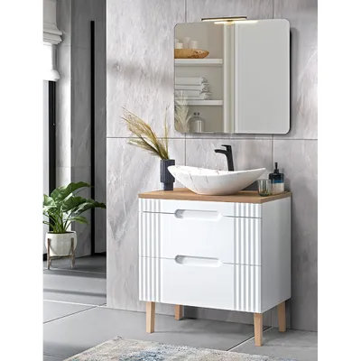 Produktbild von Badmöbelset weiß mit 80cm Waschtisch, Waschbecken, LED-Spiegel, FAIRFIELD-56