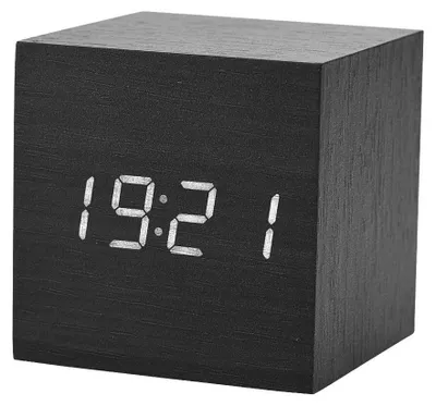 Holz-Wecker digital LED Temperatur Sprachsteuerung 6x6 cm schwarz