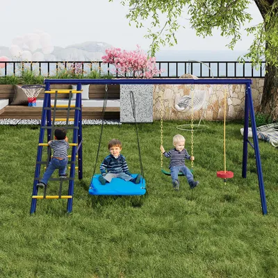 Produktbild von Sweiko Outdoor-Schaukel-Set, mit 3 Schaukeln und Klettergerüst und Basketballkorb