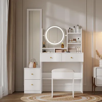 Image de Table de coiffure - Table de maquillage - Coiffeuse - Table de toilette - Coiffeuse blanche 4 en 1 avec miroir et tabouret
