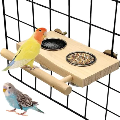 Imagen del producto de Comedero para pájaros de madera con soporte y plato para comida, ideal para loros y periquitos