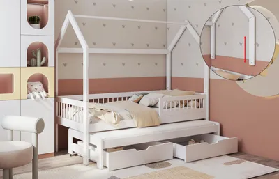 Produktbild von Kinderbett ASHER II Hausbett aus Massivholz 90x200 cm – inkl. Matratzen und Schubladen – Weiß