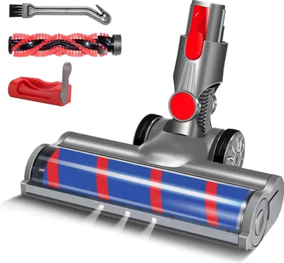A vacuum cleaner brush head and accessories are displayed against a white background.