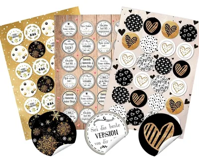 Produktbild von 24 Sprücheaufkleber + 24 Weihnachtsaufkleber + 24 Herzaufkleber gold schwarz weiß