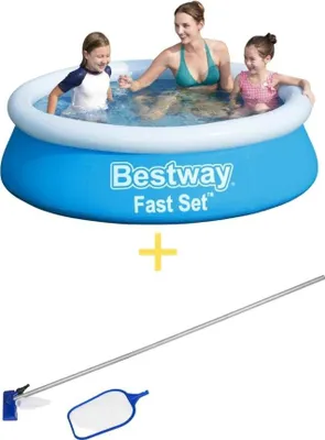 A family enjoying a Bestway Fast Set pool with cleaning accessories.