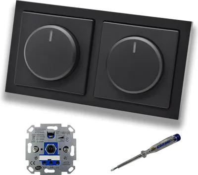 Produktbild von REV Ritter (2 Stück) LED Drehdimmer Dimmer + Busch Jäger Dimmerscheiben 6540-885-102 in Future Linear schwarz matt im 2-fach Rahmen + EBROM Phasenprüfer zur Montage der Geräte ET1 66012B