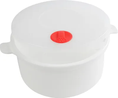 A white microwave pot with a red lid vent.
