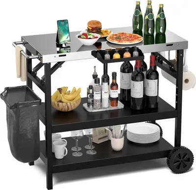 Produktbild von KOMFOTTEU Grillwagen klappbar, Grilltisch mit Edelstahl Arbeitsplatte, Outdoor Rollwagen mit 2 Rollen, Servierwagen Grill Trolley mit Verstellbarer Ablage, Handyhalterung & Handtuchhalter, Schwarz