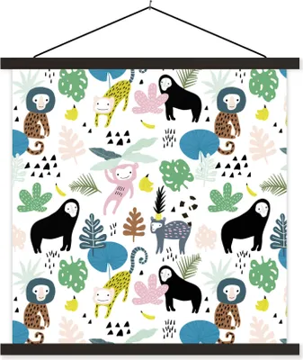 Produktbild von MuchoWow® Textilposter Dschungel - Pflanzen - Affe 90x90 cm mit schwarzem Rahmen - Magnetisches