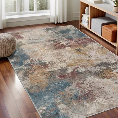 Image de Tapis lavable à poils courts - Antidérapant - 120 x 170 cm - Rouge et bleu - Pour salon et chambre