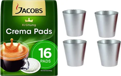 Produktbild von Jacobs Krönung Crema Klassisch, 16 Kaffee Pads + 4 Kaffeebecher silber cc 250