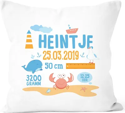 Produktbild von personalisierbares Kissen zur Geburt, Geburtskissen maritim See Krabbe Wal, Namenskissen Geschenk Geburt Baby SpecialMe® weiß unisize