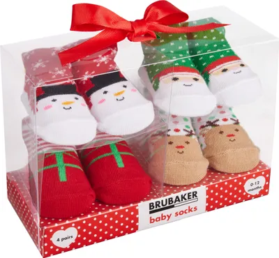Produktbild von Brubaker 4 Paar Babysocken Jungen Mädchen 0-12 Monate - Baby Geschenkset für Neugeborene in Geschenkverpackung mit Schleife - Weihnachtssocken, Sneakersocken, Tiersocken und niedliche Socken Motive