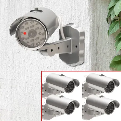 Produktbild von 4er Set Überwachungskamera Attrappe mit Bewegungssensor und rotem Blinklicht, Batteriebetrieb, Sicherheits-Dummy Kamera in realistischem Design