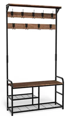 Imagen del producto de Perchero con banco y zapatero - 4 en 1 - 9 ganchos desmontables - 185 x 85 x 33 cm