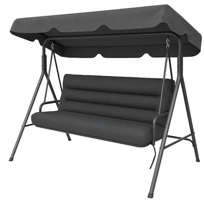 A dark gray garden swing with a canopy, shown from a front-diagonal angle against a white background.