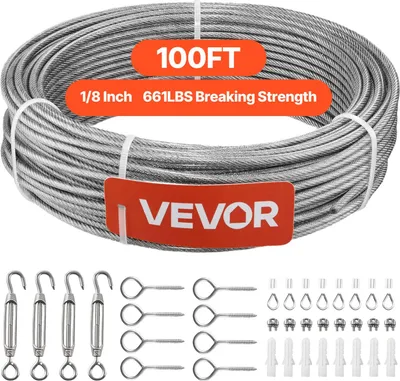 Image de Câble métallique en acier inoxydable VEVOR φ3,2 mm, longueur 30,5 m, câble métallique en acier inoxydable 304 avec une charge de rupture de 2,94 kN, 7x7 torons en acier, câble pour balustrade de terrasse, treillis de jardin