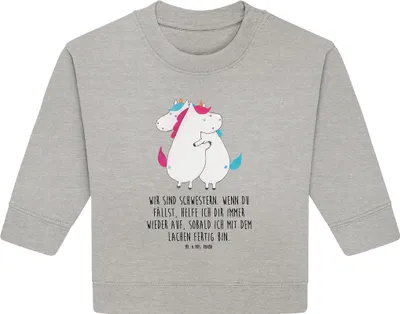 Produktbild von Mr. & Mrs. Panda Organic Baby Pullover Einhörner Umarmen 6. - 12. Monat - Heather Grey - Geschenk, Liebe, Unicorn, BFF, Einhorn, Familie, Bullover