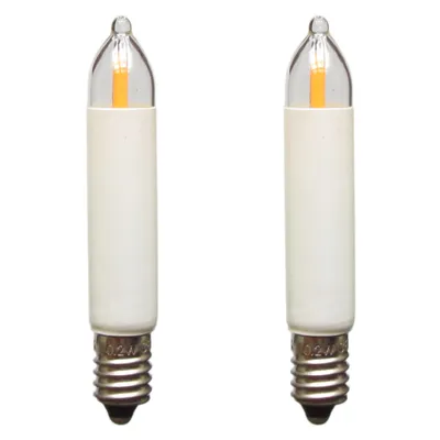 Two LED filament candle bulbs with E10 bases are shown against a white background.