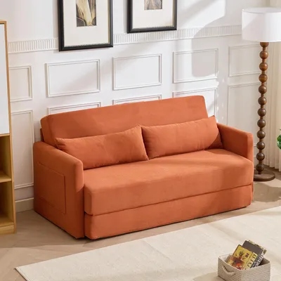 Immagine prodotto di okwish Divano Divano letto a 2 posti Divano modulare Funzione 2 in 1 Divano a terra Divano letto con cuscino lombare e 2 tasche portaoggetti Soggiorno Tessuto in velluto a coste Arancione