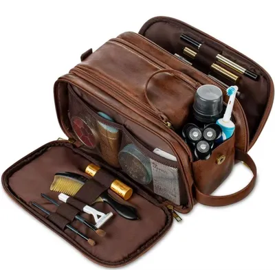 Productafbeelding van Leren toilettas voor heren - Reisaccessoire - Grote make-up tas - Handtas