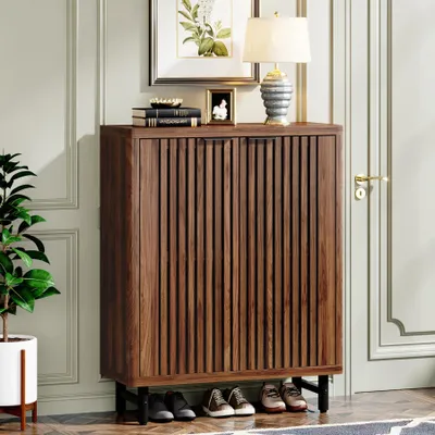 Image de Armoire à chaussures en bois - Étagère à chaussures à 6 niveaux - Portes à lamelles - Étagères réglables - Style cottage - Noir et marron