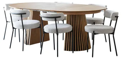 Produktbild von Tokyo Essgruppe Esstisch inkl. 2 Einlegeplatten Ø120x120-160-200 cm Eichenfurnier und 6 Stühle Bouclé Weiß.